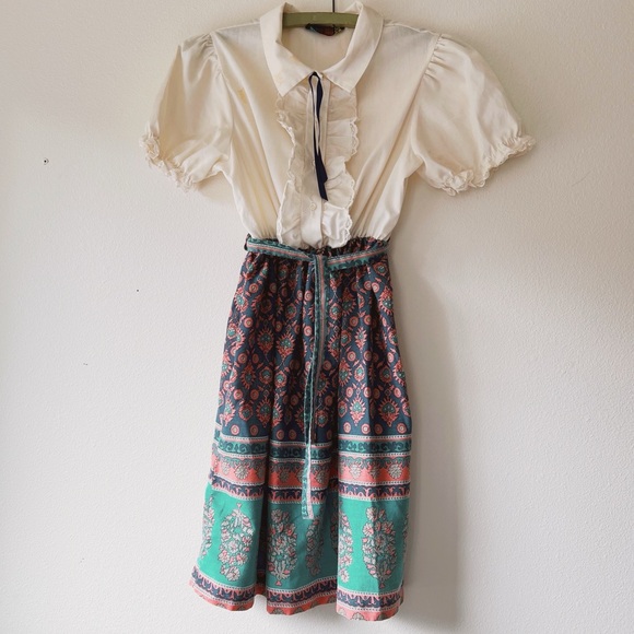70’s‎ boho ruffle Cream short sleeve dress with matching belt size XS - Picture 1 of 10